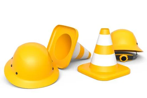 Set of safety helmets or hard hats and traffic cones on white background 스톡 일러스트