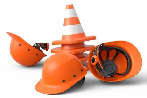 Set of safety helmets or hard hats and traffic cones on white background 스톡 일러스트