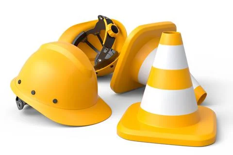Set of safety helmets or hard hats and traffic cones on white background 스톡 일러스트