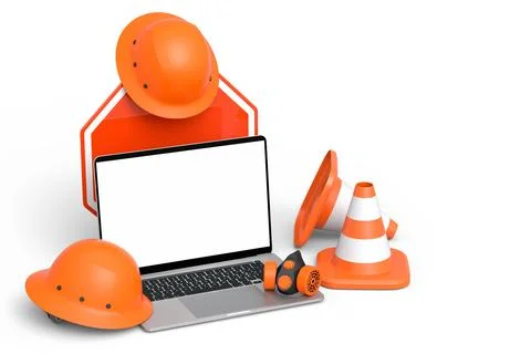 Set of safety helmets or hard hats and traffic cones, road sign on white Stock Illustration