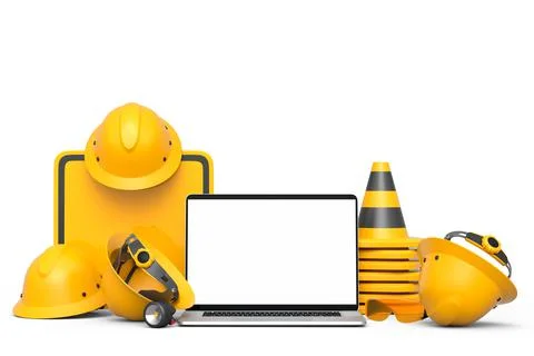 Set of safety helmets or hard hats and traffic cones, road sign on white Stock Illustration