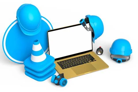 Set of safety helmets or hard hats and traffic cones, road sign on white Stock Illustration