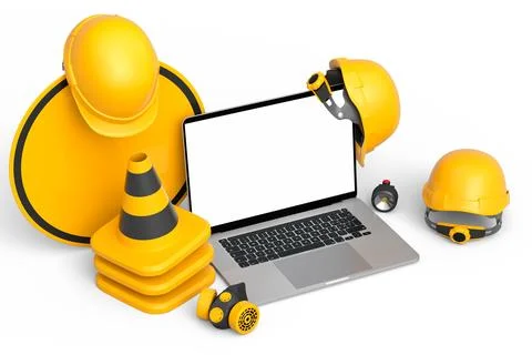 Set of safety helmets or hard hats and traffic cones, road sign on white Stock Illustration