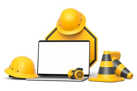 Set of safety helmets or hard hats and traffic cones, road sign on white Stock Illustration