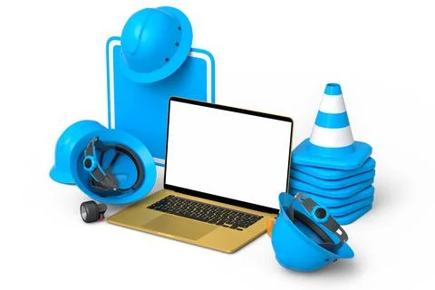 Set of safety helmets or hard hats and traffic cones, road sign on white Stock Illustration