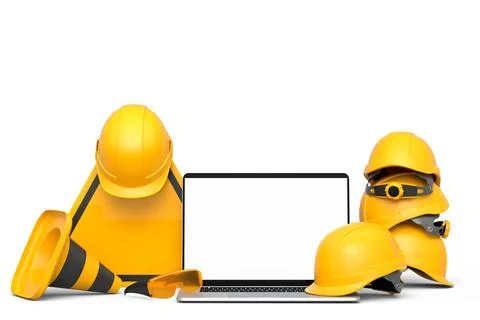 Set of safety helmets or hard hats and traffic cones, road sign on white Stock Illustration