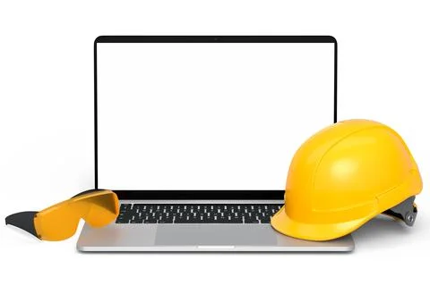 Set of safety helmets or hard caps, goggles and laptop on white background Stock Illustration