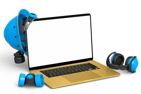 Set of safety helmets or hard caps, headphones and laptop on white background Stock Illustration