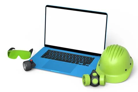 Set of safety helmets or hard caps, respirator and laptop on white background Stock Illustration