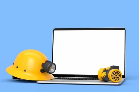 Set of safety helmets or hard caps, respirator and laptop on blue background Stock Illustration
