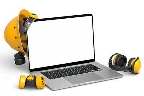 Set of safety helmets or hard caps, headphones and laptop on white background Stock Illustration
