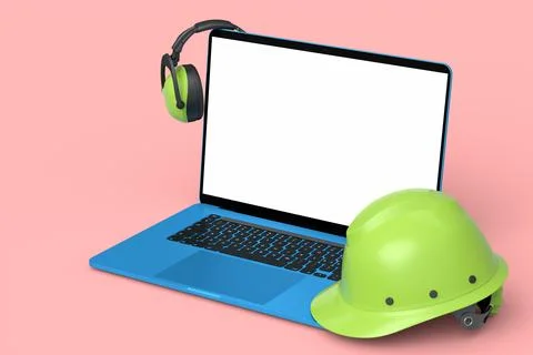 Set of safety helmets or hard caps, headphones and laptop on pink background Stock Illustration