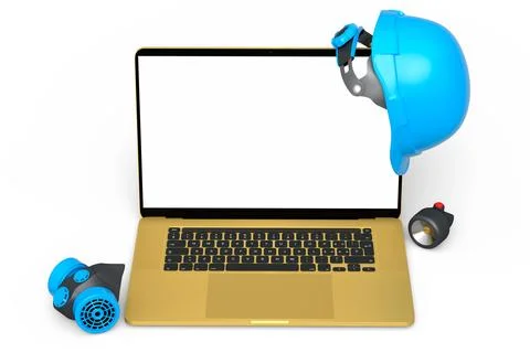 Set of safety helmets or hard caps, respirator and laptop on white background Stock Illustration