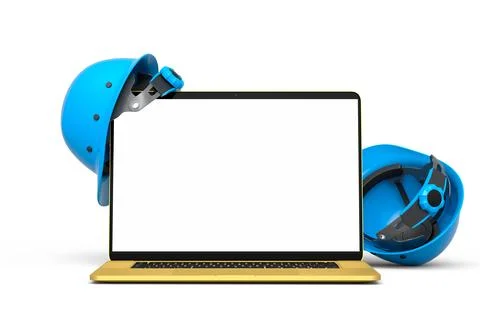 Set of safety helmets or hard caps and laptop on white background Stock Illustration