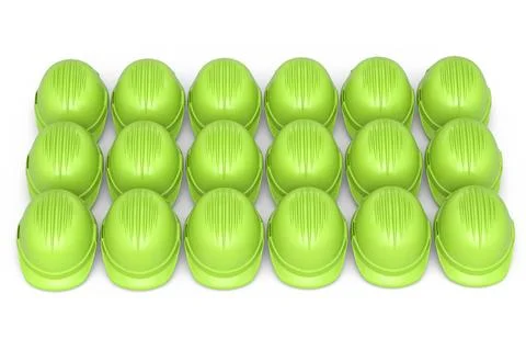 Set of safety helmets or hard caps for carpentry work in row on white backgro Stock Illustration