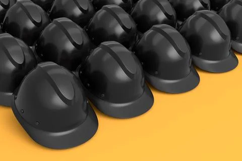 Set of safety helmets or hard caps for carpentry work in row on yellow Stock Illustration