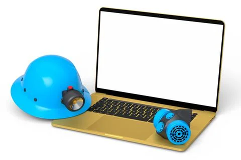 Set of safety helmets or hard caps, respirator and laptop on white background Stock Illustration