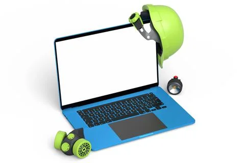 Set of safety helmets or hard caps, respirator and laptop on white background Stock Illustration