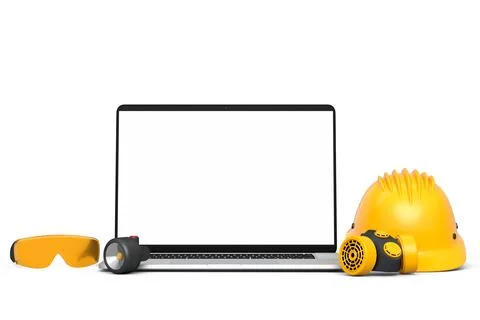 Set of safety helmets or hard caps, respirator and laptop on white background Stock Illustration