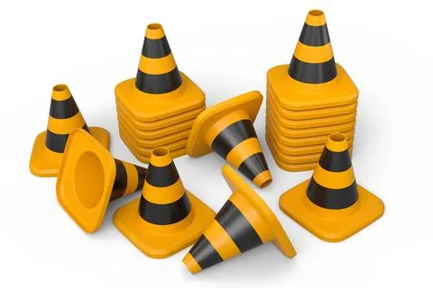 Set of safety helmets or hard hats and traffic cones, road sign on white Illustrazione stock