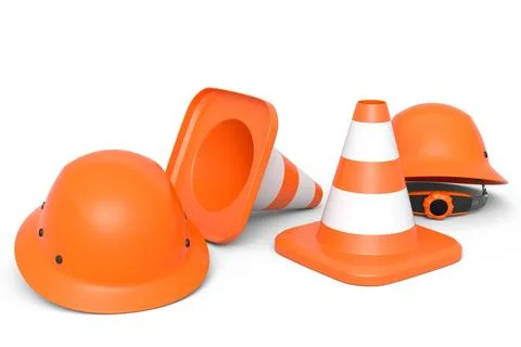 Set of safety helmets or hard hats and traffic cones on white background 库存插图