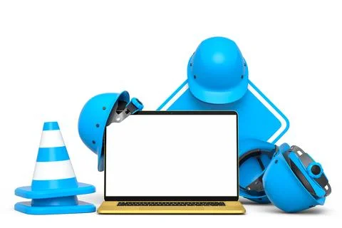Set of safety helmets or hard hats and traffic cones, road sign on white Stock Illustration