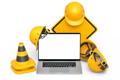 Set of safety helmets or hard hats and traffic cones, road sign on white Stock Illustration