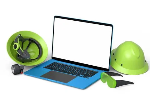 Set of safety helmets or hard caps, goggles and laptop on white background Stock Illustration