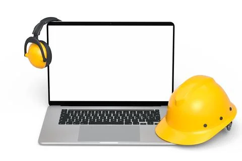 Set of safety helmets or hard caps, headphones and laptop on white background Stock Illustration