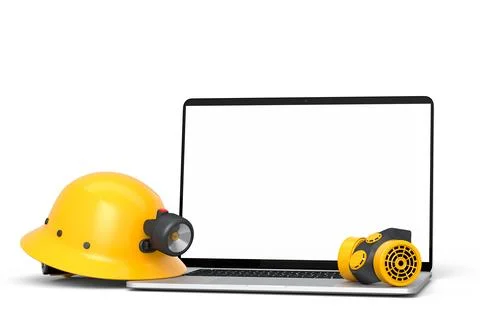 Set of safety helmets or hard caps, respirator and laptop on white background Stock Illustration