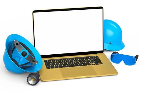 Set of safety helmets or hard caps, goggles and laptop on white background Stock Illustration