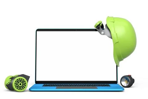 Set of safety helmets or hard caps, respirator and laptop on white background Stock Illustration