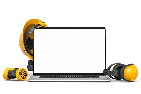 Set of safety helmets or hard caps, headphones and laptop on white background Stock Illustration
