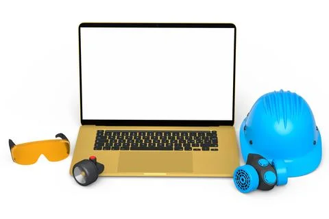 Set of safety helmets or hard caps, respirator and laptop on white background Stock Illustration