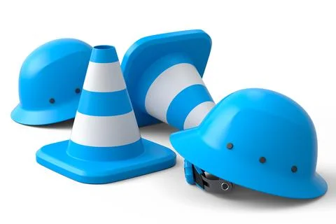Set of safety helmets or hard hats and traffic cones on white background 库存插图