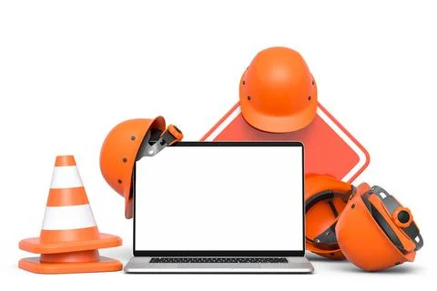 Set of safety helmets or hard hats and traffic cones, road sign on white Stock Illustration