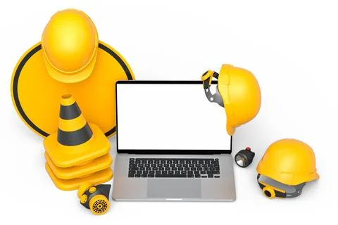 Set of safety helmets or hard hats and traffic cones, road sign on white Stock Illustration