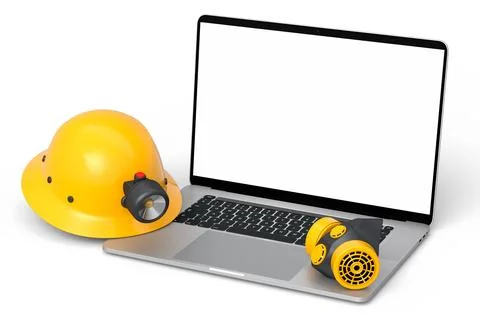 Set of safety helmets or hard caps, respirator and laptop on white background Stock Illustration