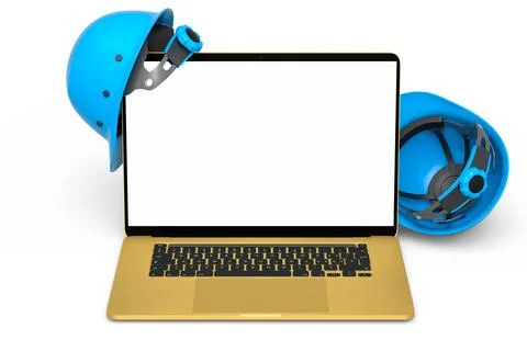 Set of safety helmets or hard caps and laptop on white background Stock Illustration