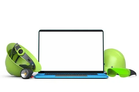 Set of safety helmets or hard caps, goggles and laptop on white background Stock Illustration