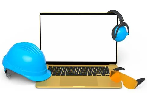 Set of safety helmets or hard caps, headphones and laptop on white background Stock Illustration