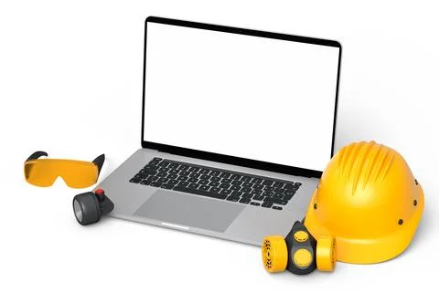 Set of safety helmets or hard caps, respirator and laptop on white background Stock Illustration