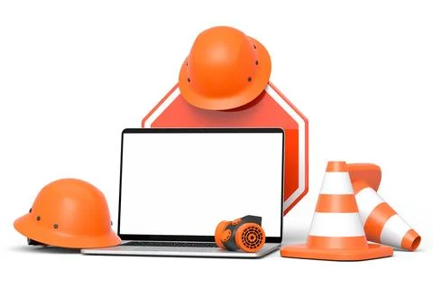 Set of safety helmets or hard hats and traffic cones, road sign on white Stock Illustration
