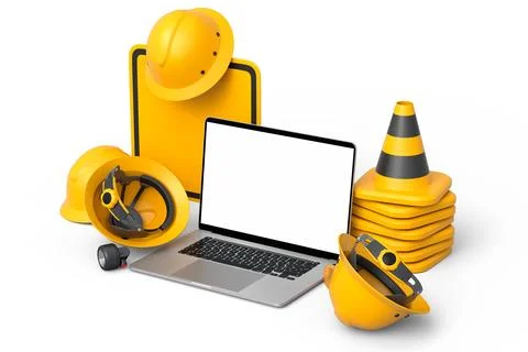 Set of safety helmets or hard hats and traffic cones, road sign on white Stock Illustration
