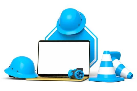 Set of safety helmets or hard hats and traffic cones, road sign on white Stock Illustration