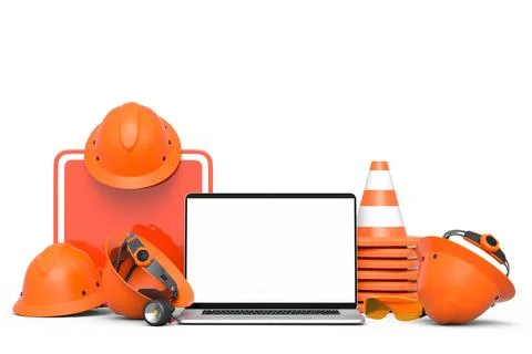 Set of safety helmets or hard hats and traffic cones, road sign on white Stock Illustration