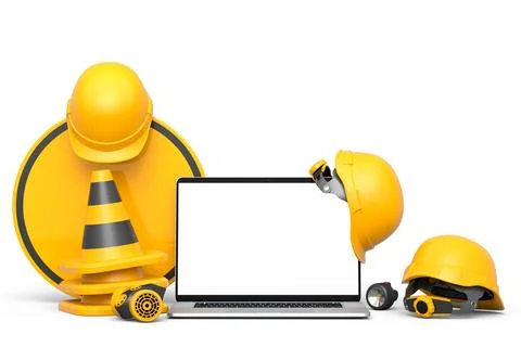 Set of safety helmets or hard hats and traffic cones, road sign on white Stock Illustration