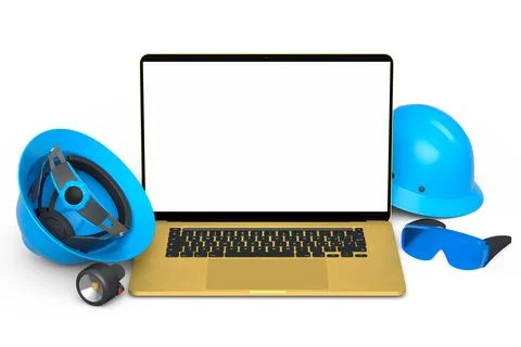 Set of safety helmets or hard caps, goggles and laptop on white background Stock Illustration