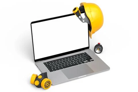 Set of safety helmets or hard caps, respirator and laptop on white background Stock Illustration