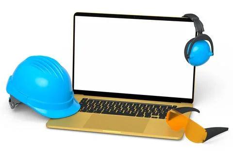 Set of safety helmets or hard caps, headphones and laptop on white background Stock Illustration